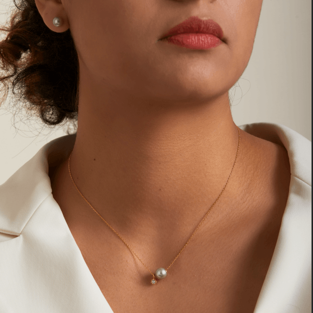 Blue Grey Akoya Pearl Necklace with Zircon 18K Gold - Herself Jewelry