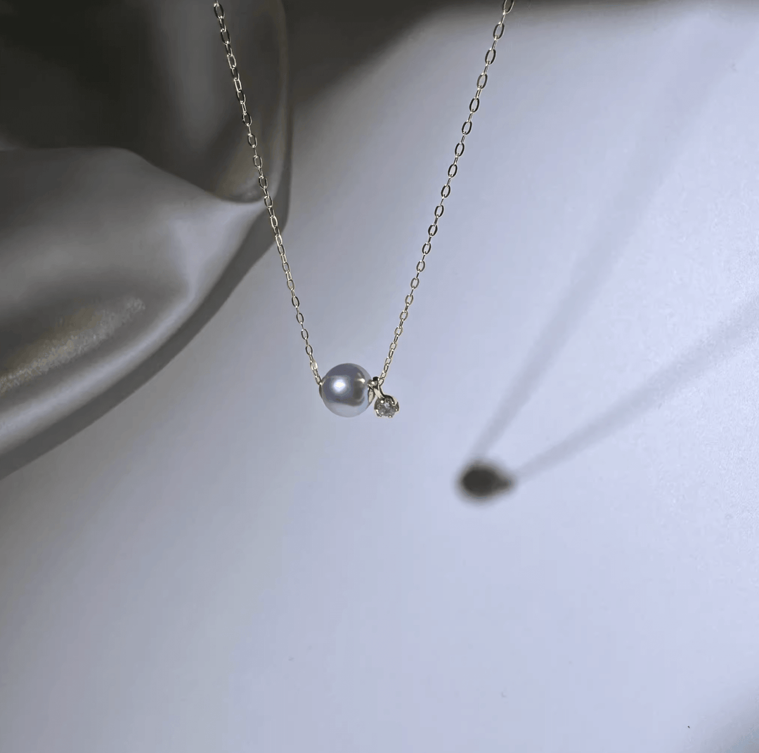 Blue Grey Akoya Pearl Necklace with Zircon 18K Gold - Herself Jewelry