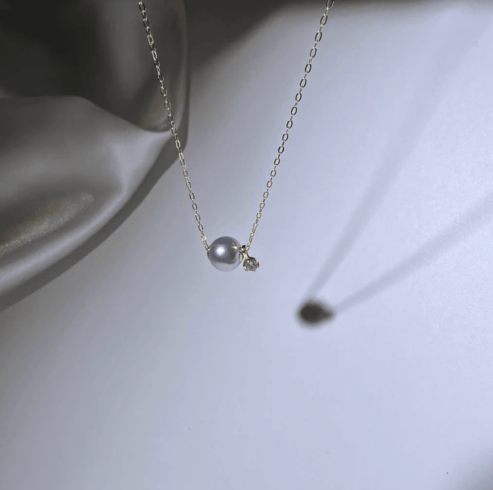 Blue Grey Akoya Pearl Necklace with Zircon 18K Gold - Herself Jewelry