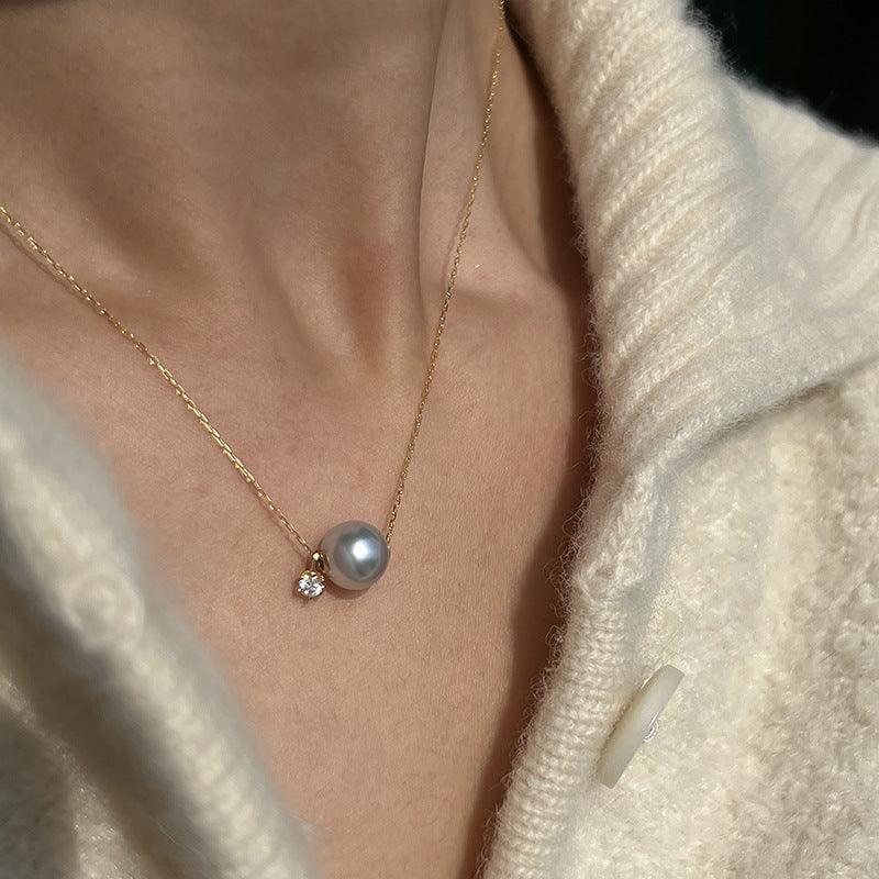 Blue Grey Akoya Pearl Necklace with Zircon 18K Gold - Herself Jewelry