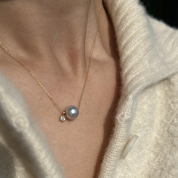 Blue Grey Akoya Pearl Necklace with Zircon 18K Gold - Herself Jewelry