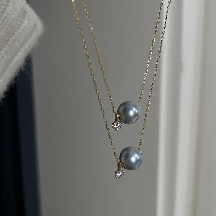 Blue Grey Akoya Pearl Necklace with Zircon 18K Gold - Herself Jewelry