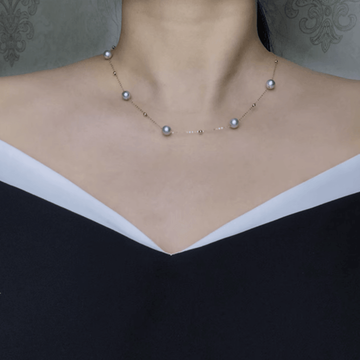 Celestial Blue Grey Akoya Pearl Necklace 18K Gold - Herself Jewelry