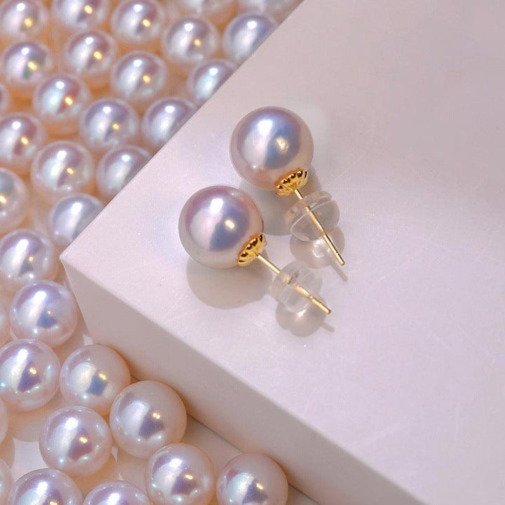 Hanadama-level Akoya 9mm Pearls Stud Earrings 18K Gold - Herself Jewelry