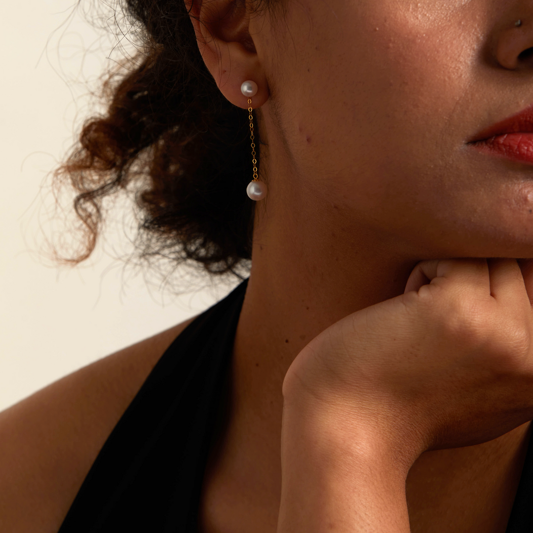18K Gold Double Pearl Ball Drop Earrings