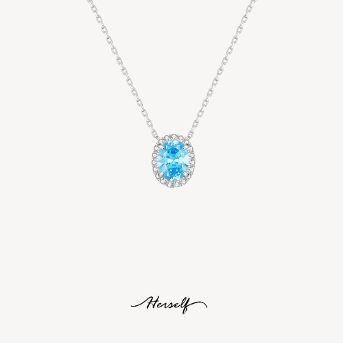 Icy Aquamarine Halo Solitaire Pendant Necklace.
