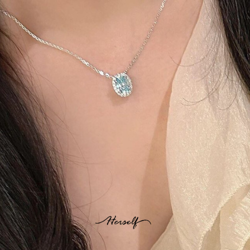 Icy Aquamarine Halo Solitaire Pendant Necklace.
