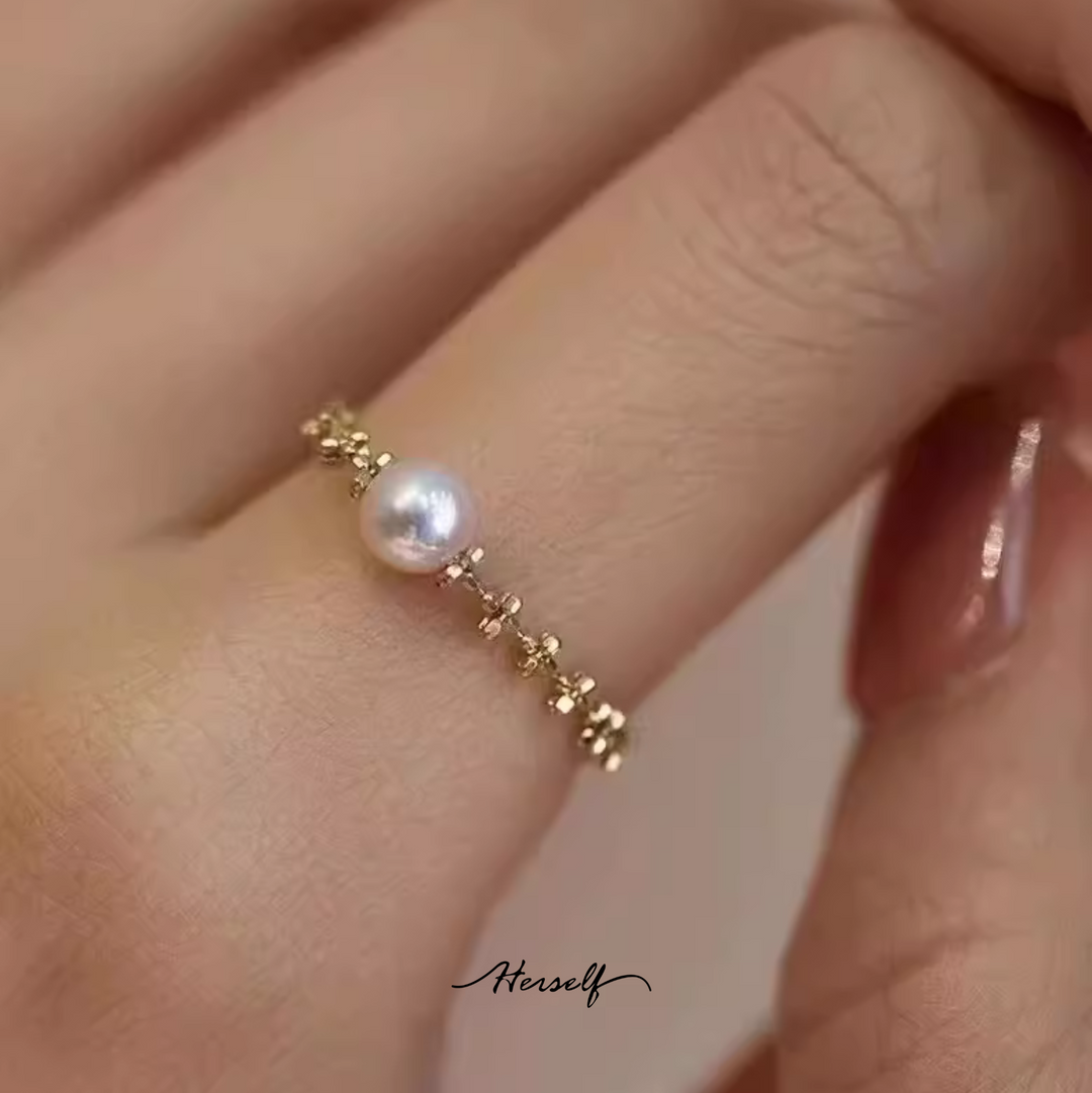 Akoya 18K Gold Lace Pearl Ring Adjustble