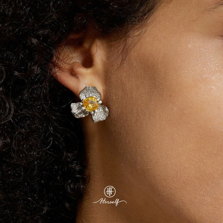 Floral Earrings with Yellow Diamonds