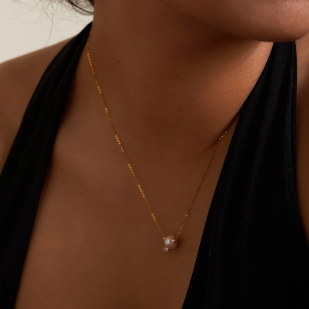 Akoya Pearl Necklace with Zircon Accent 18K Gold