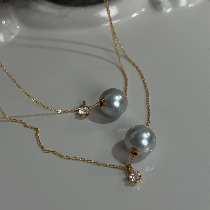 Blue Grey Akoya Pearl Necklace with Zircon 18K Gold - Herself Jewelry