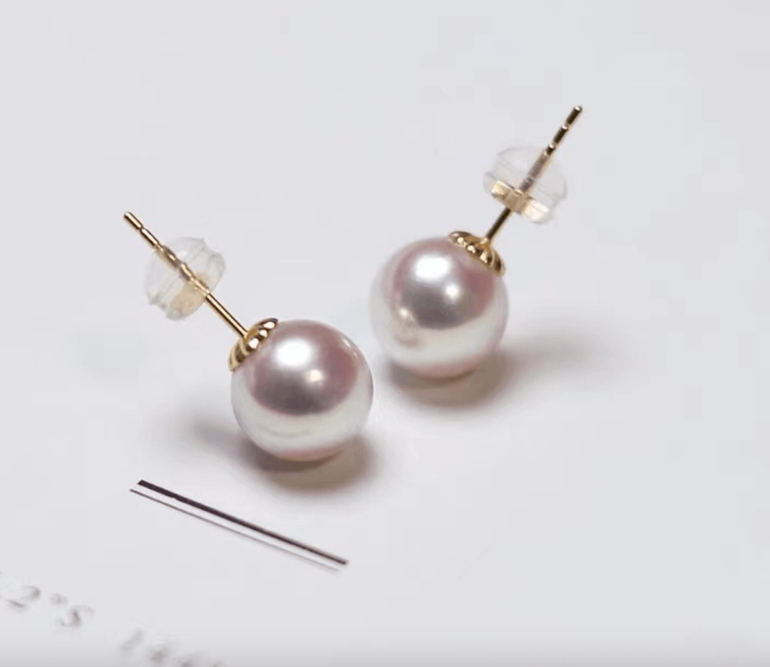 Hanadama-level Akoya 9mm Pearls Stud Earrings 18K Gold - Herself Jewelry