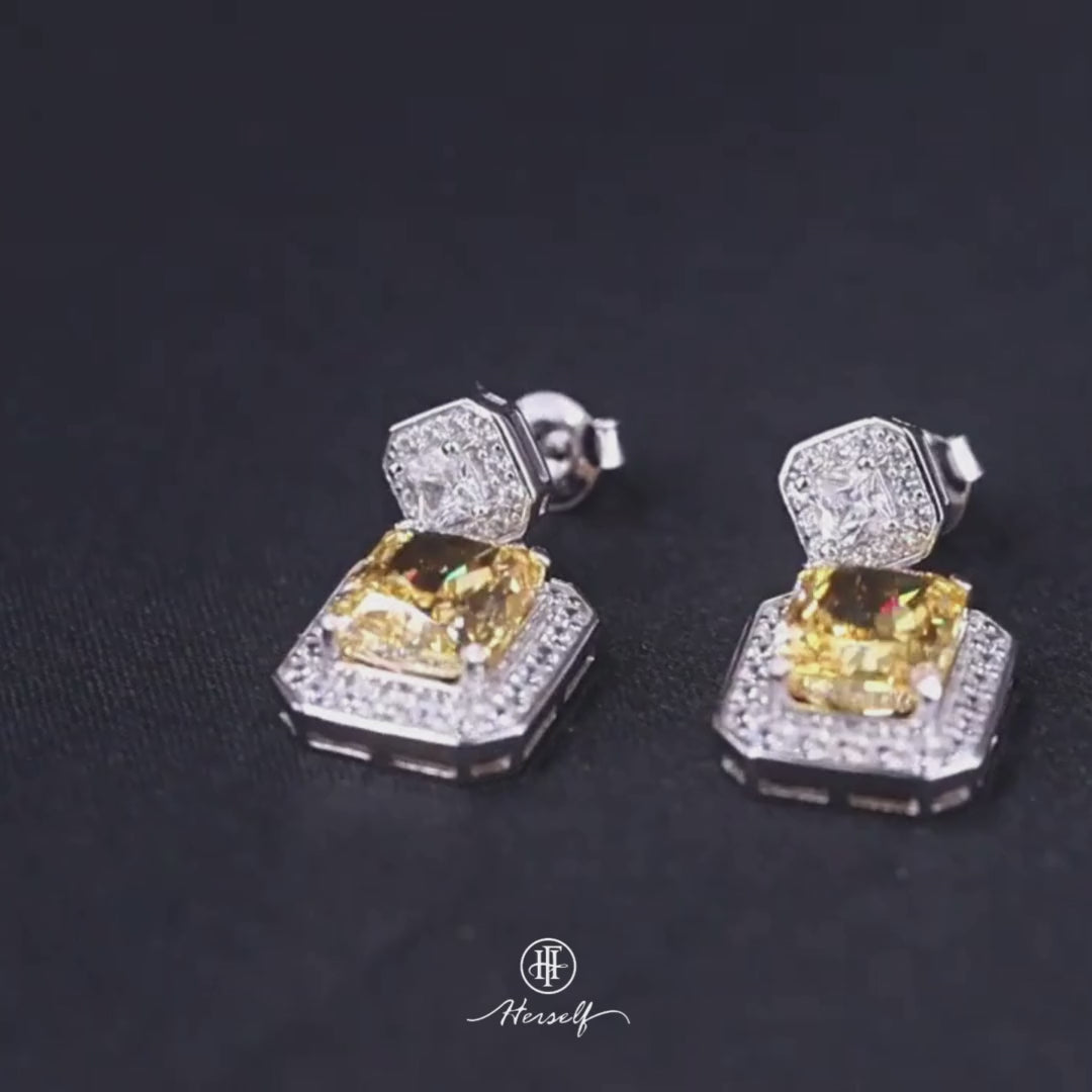 Yellow Diamond Square Perfume Bottle Drop Earrings