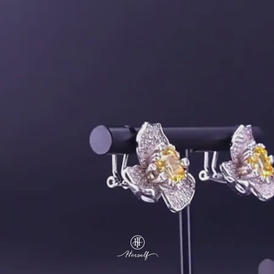 Floral Earrings with Yellow Diamonds